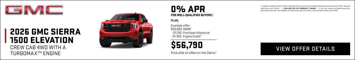 0% APR for well-qualified buyers.1

Plus,

Example offer:
$59,890 MSRP
$1,750 Purchase Allowance
...